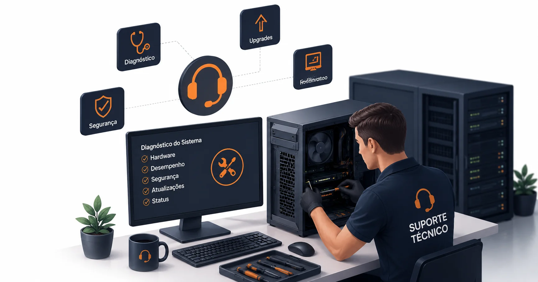 Técnico realizando manutenção e suporte em computadores